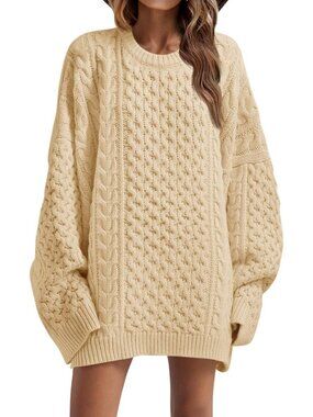 Women's Apricot Oversized Sweaters Chunky Cable Knit Tunic Long Winter Sweater